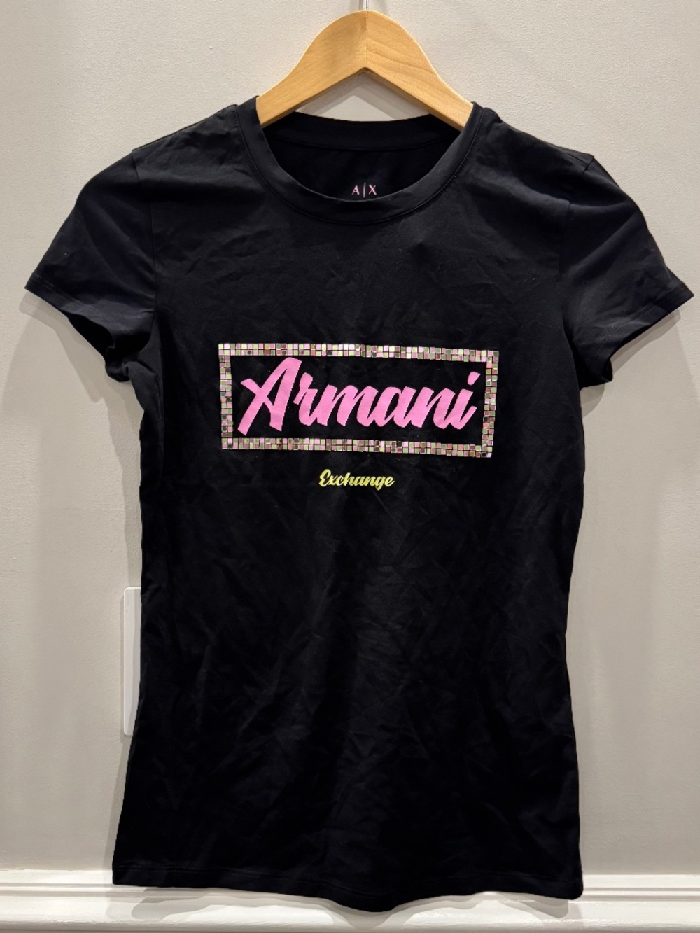 NWT Armani Exchange Black Graphic Logo T-Shirt Pink Y2K Mosaic Tee XS